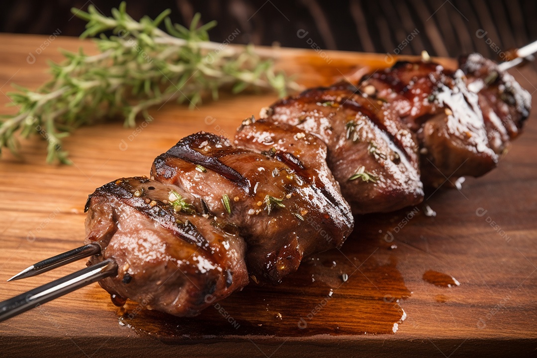 Carne assada sobre espetos fundo isolado preto