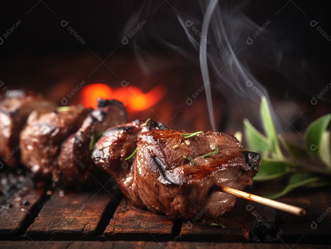 Carne assada sobre espetos fundo isolado preto