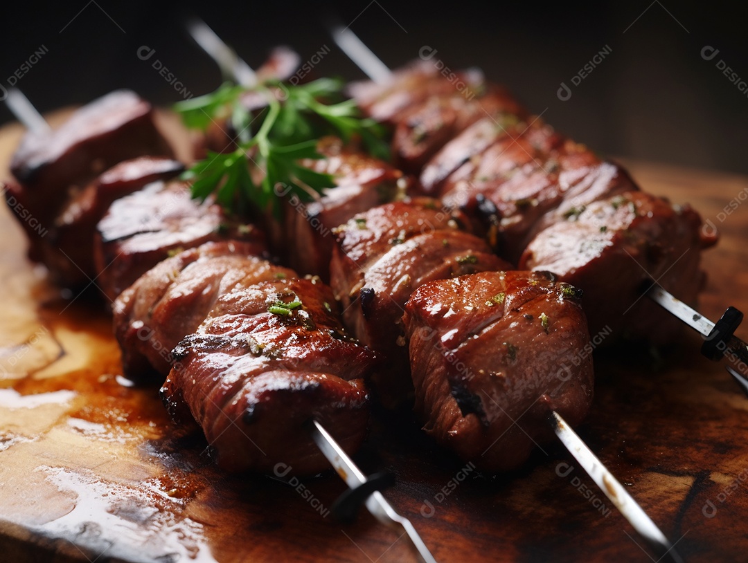 Carne assada sobre espetos fundo isolado preto