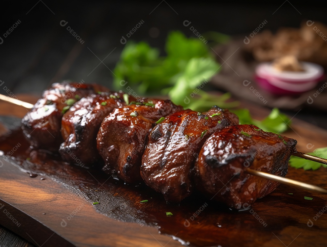 Carne assada sobre espetos fundo isolado preto