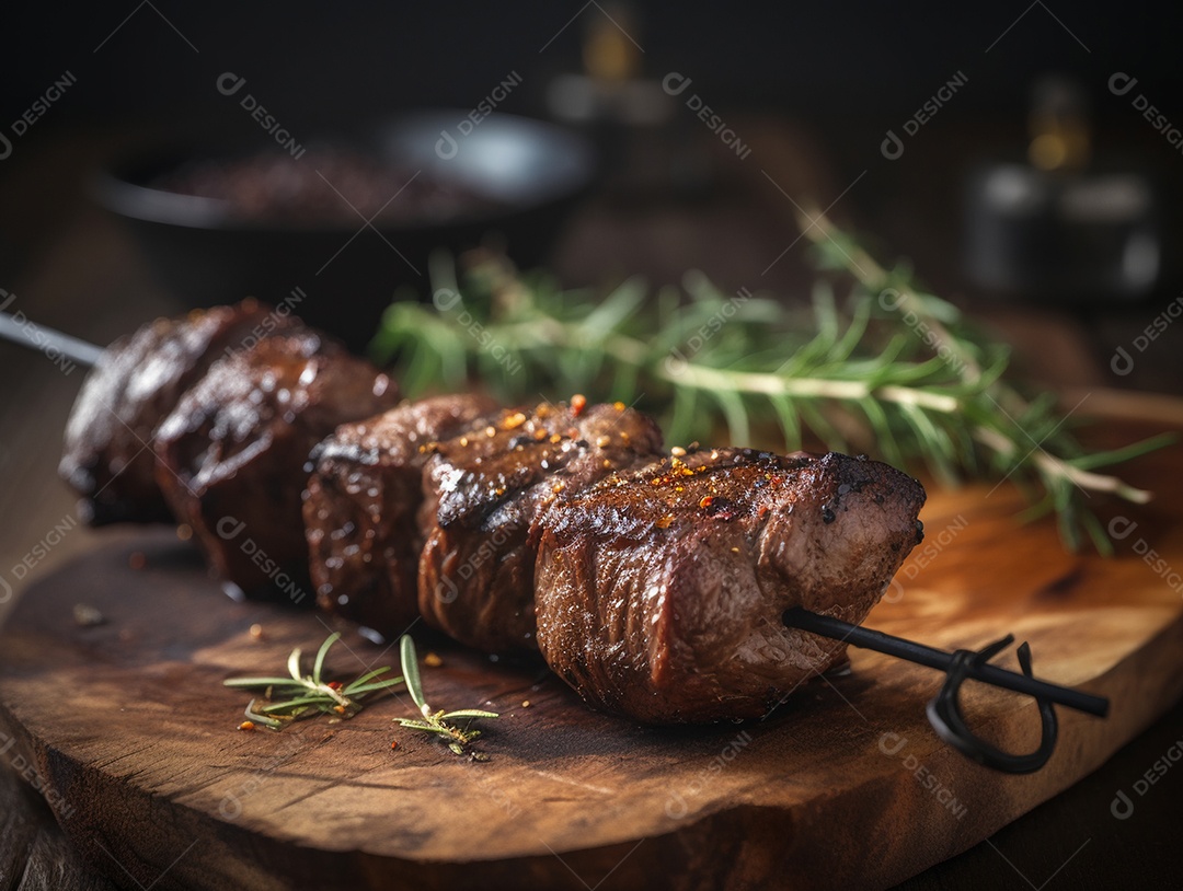 Carne assada sobre espetos fundo isolado preto