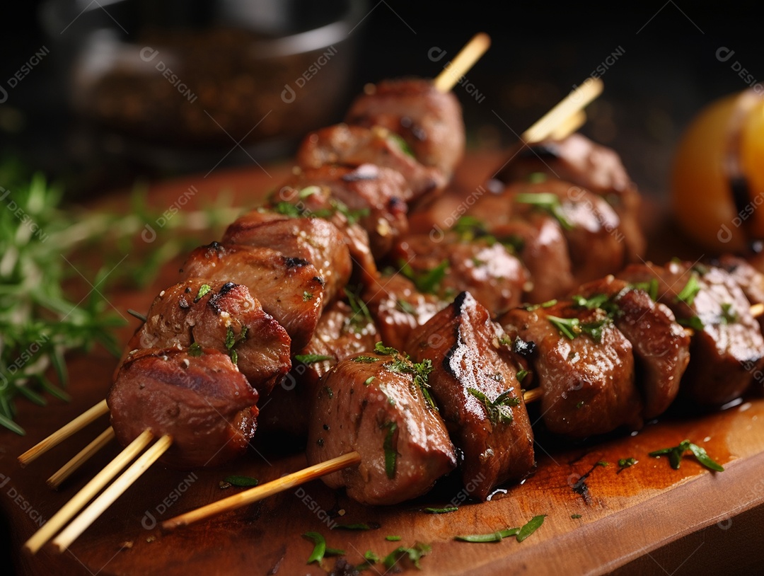 Carne assada sobre espetos fundo isolado preto