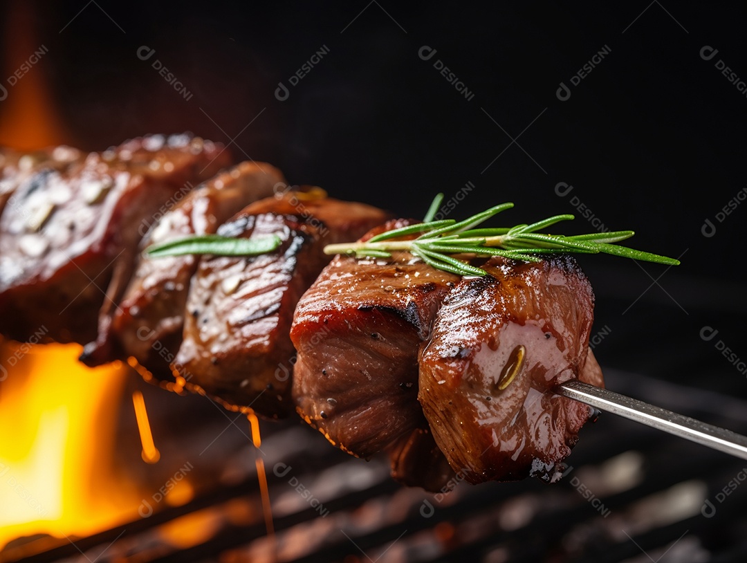 Carne assada sobre espetos fundo isolado preto
