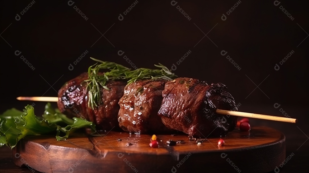 Carne assada sobre espetos fundo isolado preto