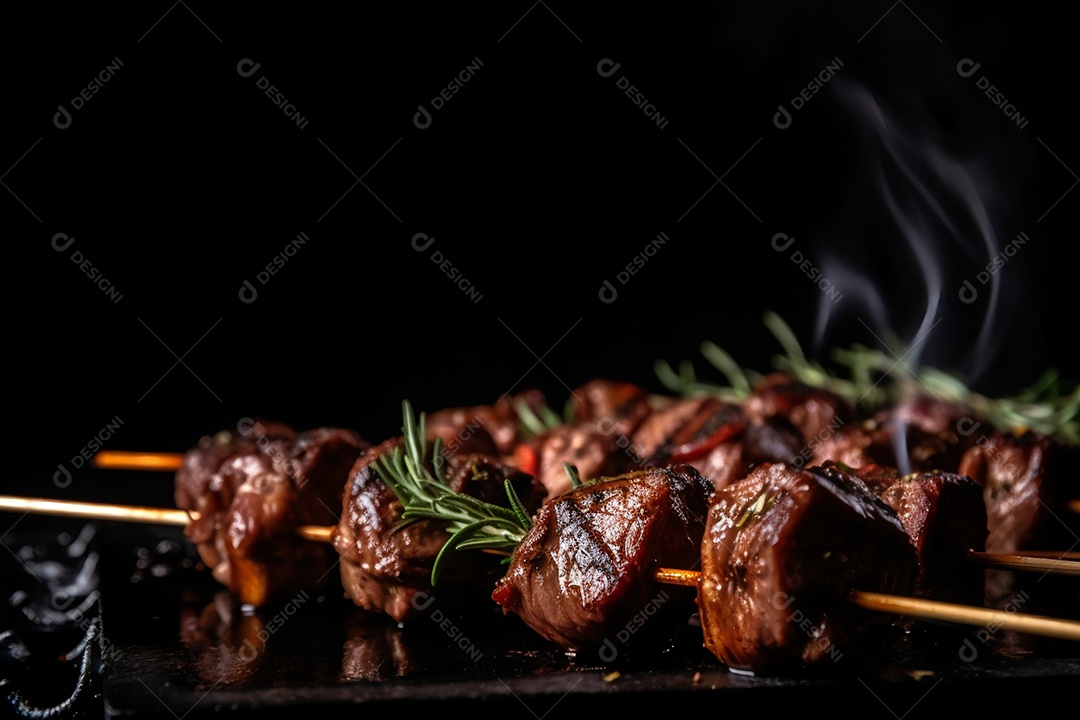 Carne assada sobre espetos fundo isolado preto