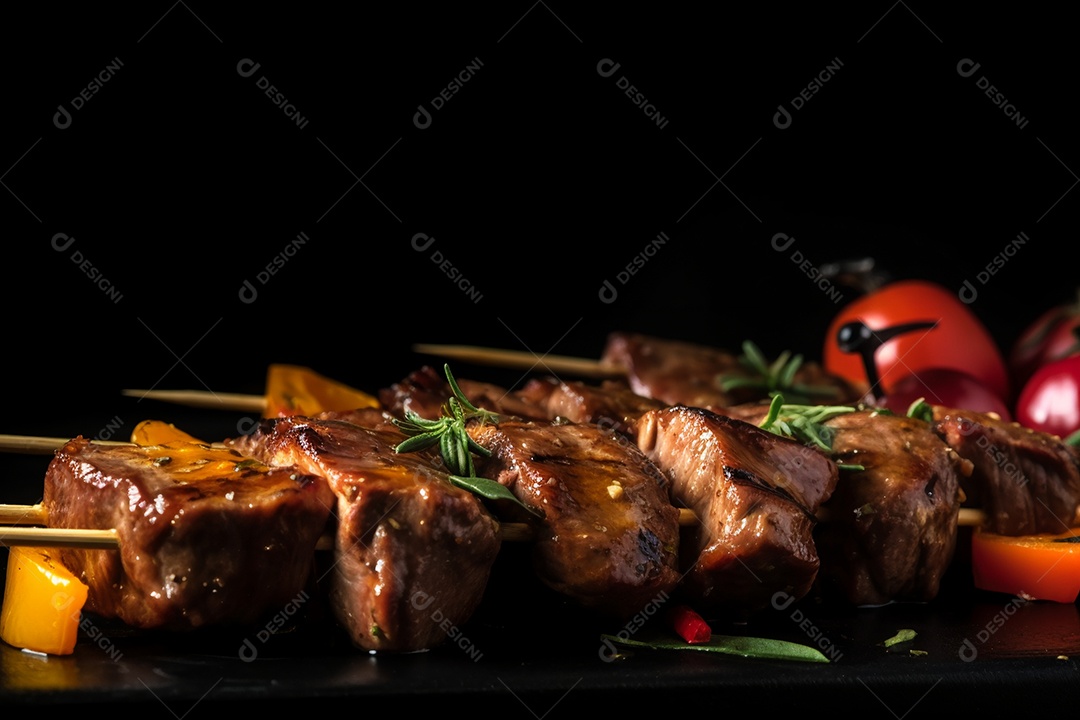 Carne assada sobre espetos fundo isolado preto