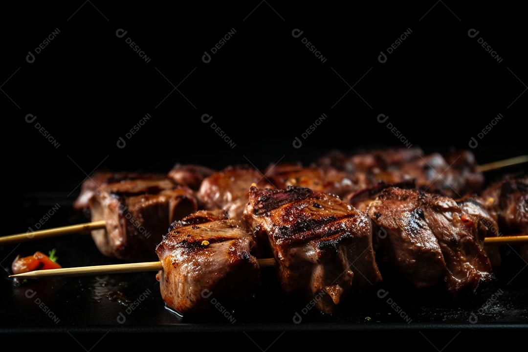 Carne assada sobre espetos fundo isolado preto
