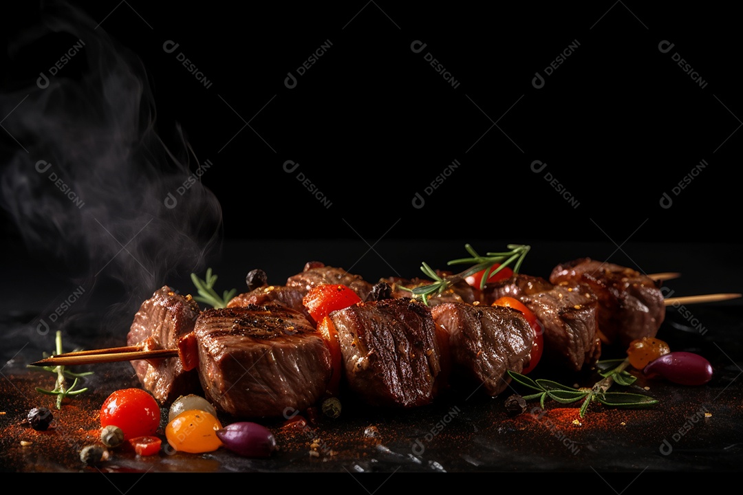 Carne assada sobre espetos fundo isolado preto