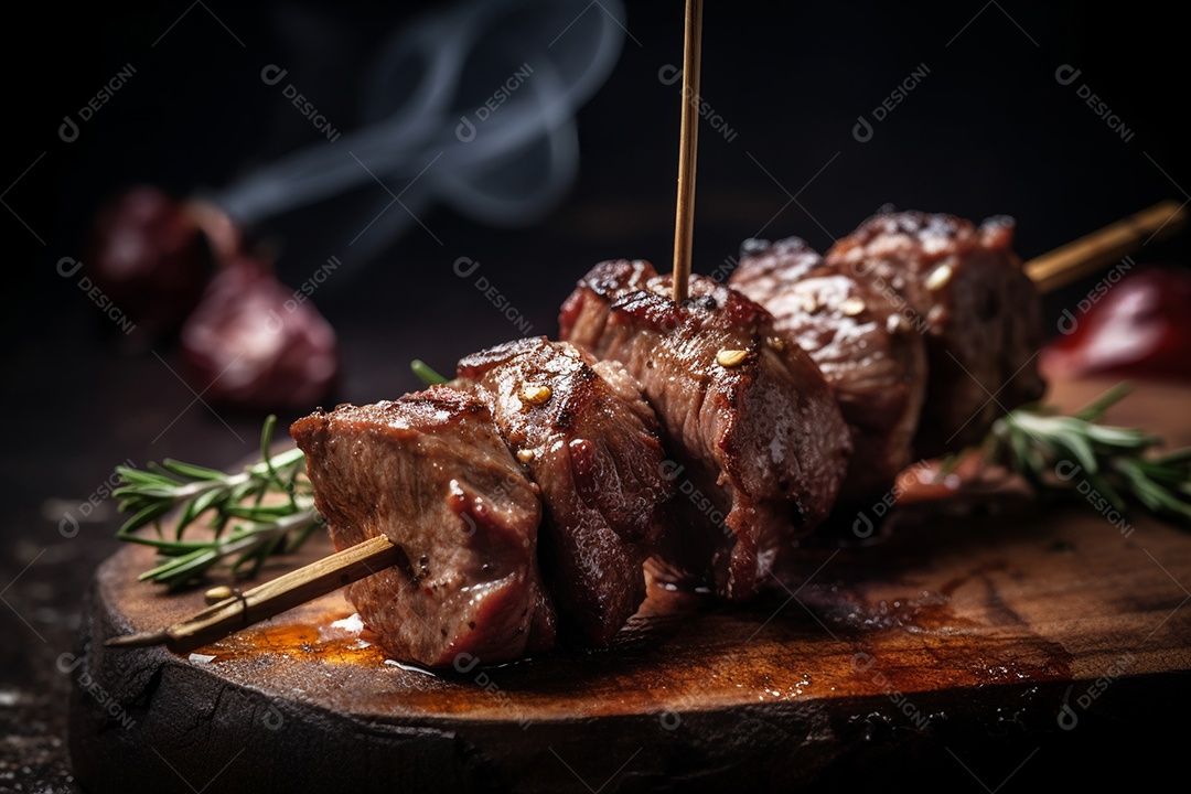 Carne assada sobre espetos fundo isolado preto