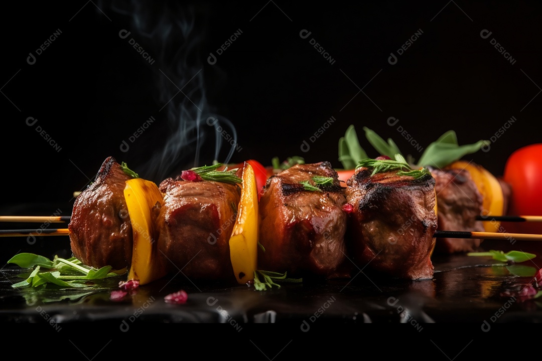 Carne assada sobre espetos fundo isolado preto