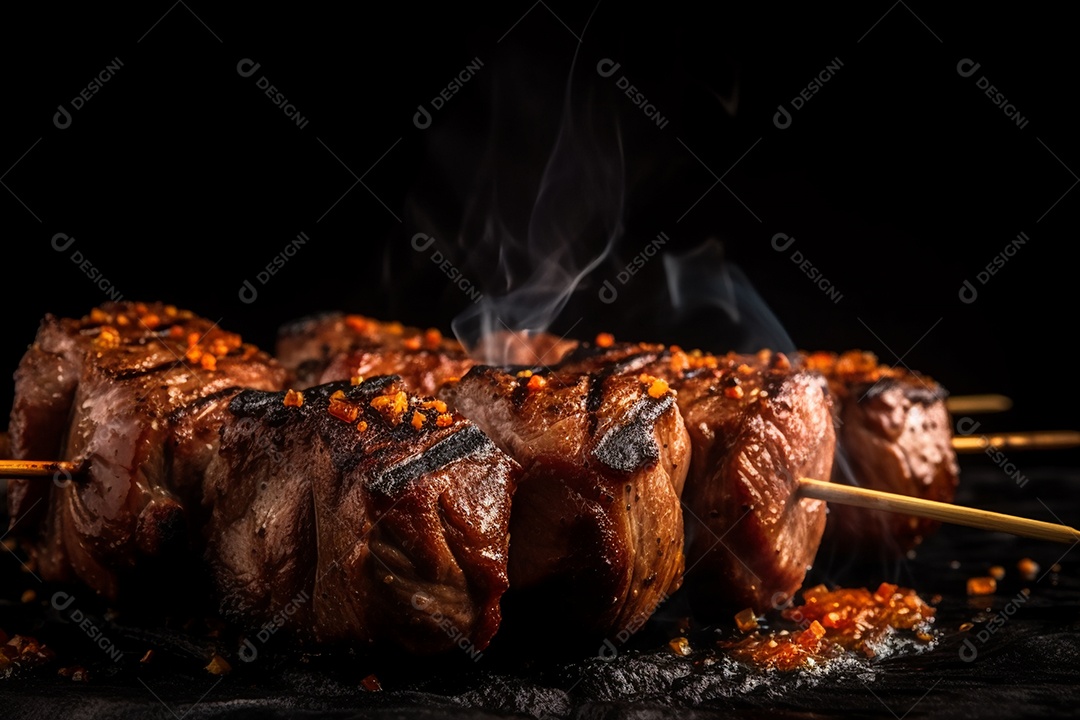 Carne assada sobre espetos fundo isolado preto