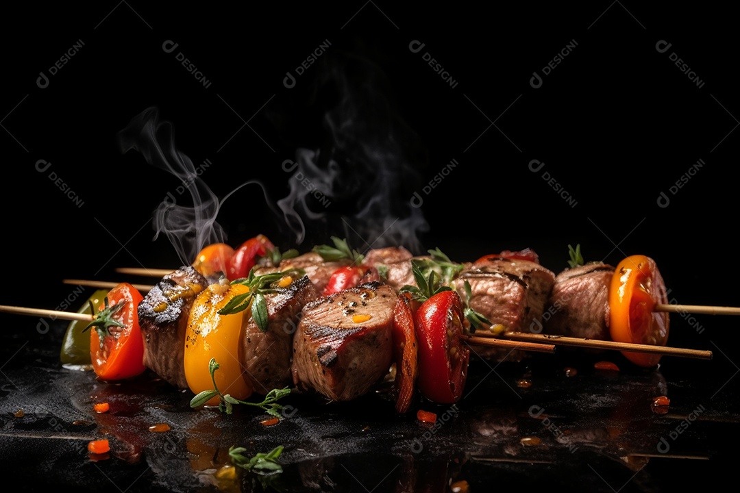 Carne assada sobre espetos fundo isolado preto