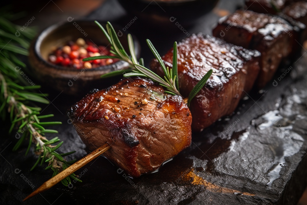Carne assada sobre espetos fundo isolado preto