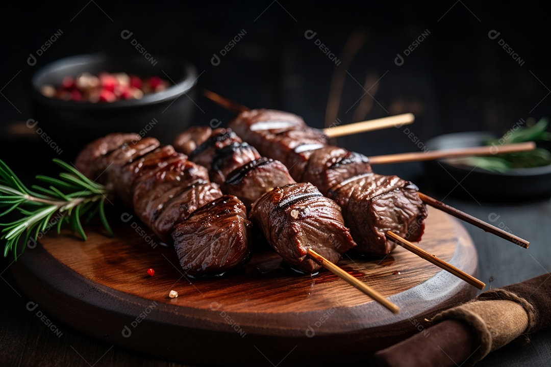 Carne assada sobre espetos fundo isolado preto