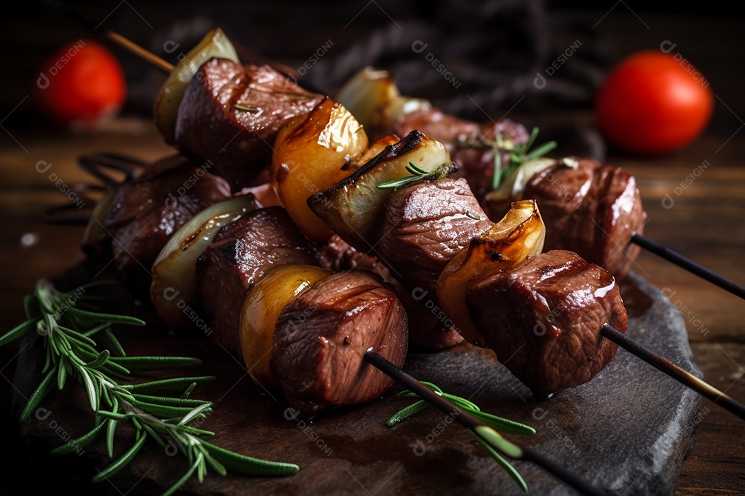 Carne assada sobre espetos fundo isolado preto
