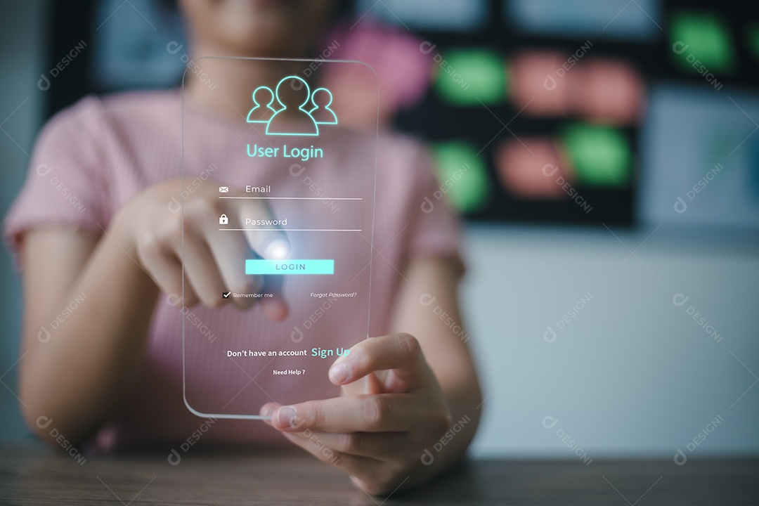 As mulheres usam uma janela de acesso para entrar em senhas digitadas em uma tela virtual futurista