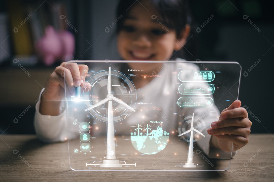 Menina asiática trabalha com protótipo de turbina eólica virtual