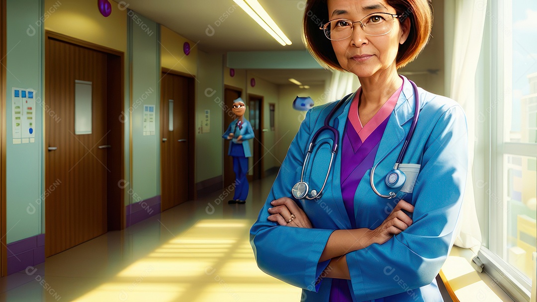 Mulher médica sobre hospital.