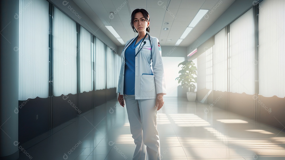 Mulher médica sobre hospital.