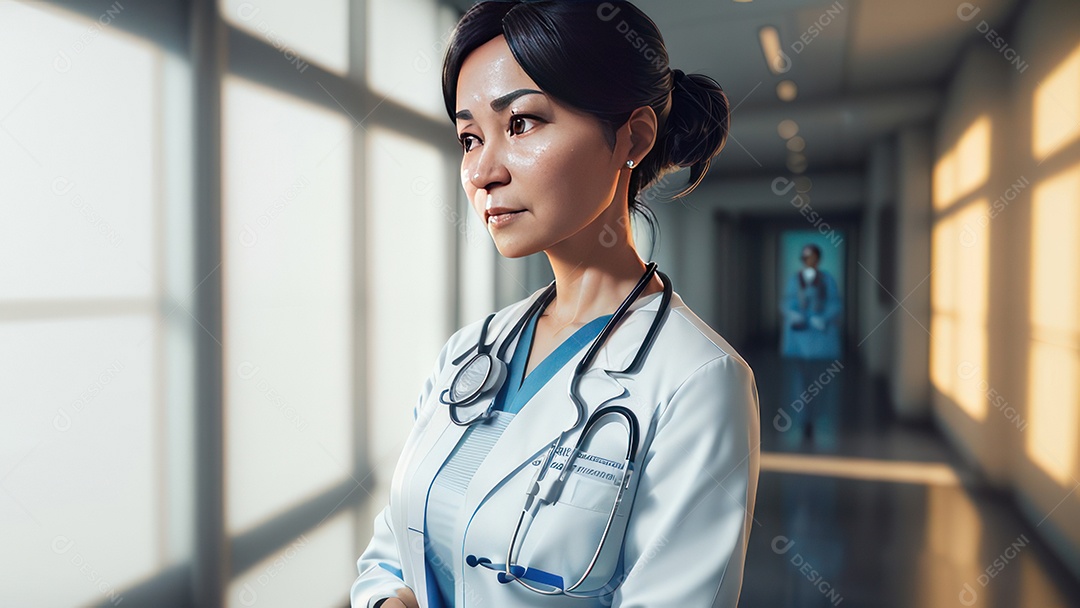 Mulher médica sobre hospital.