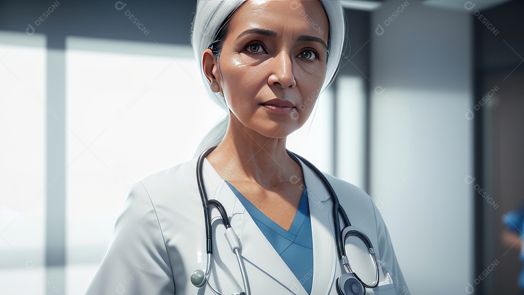 Mulher médica sobre hospital.