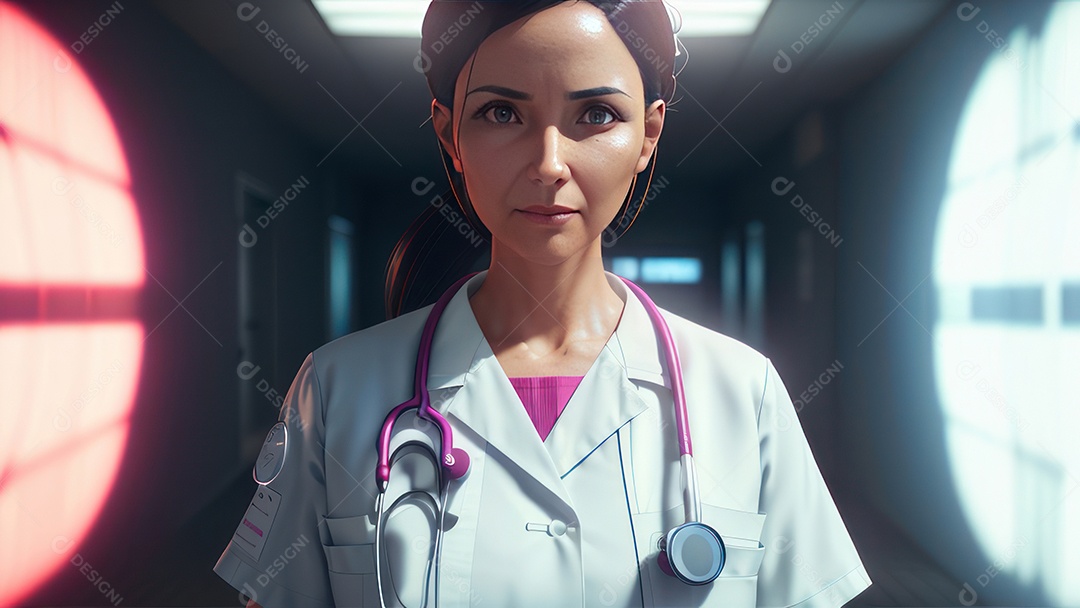 Mulher médica sobre hospital.