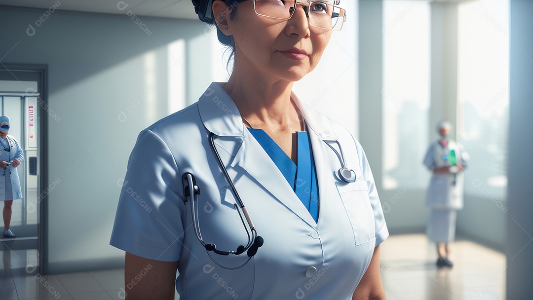 Mulher médica sobre hospital.