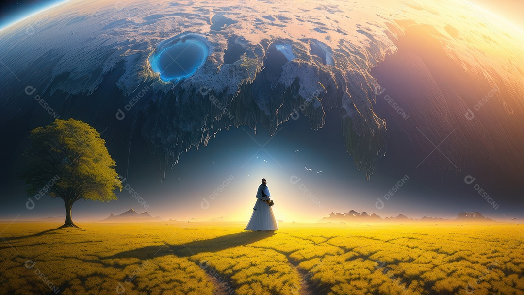 Imagem realista de pessoa caminhando sobre lindos lugares.