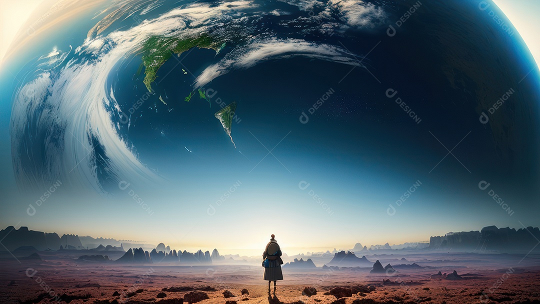 Imagem realista de pessoa caminhando sobre lindos lugares.