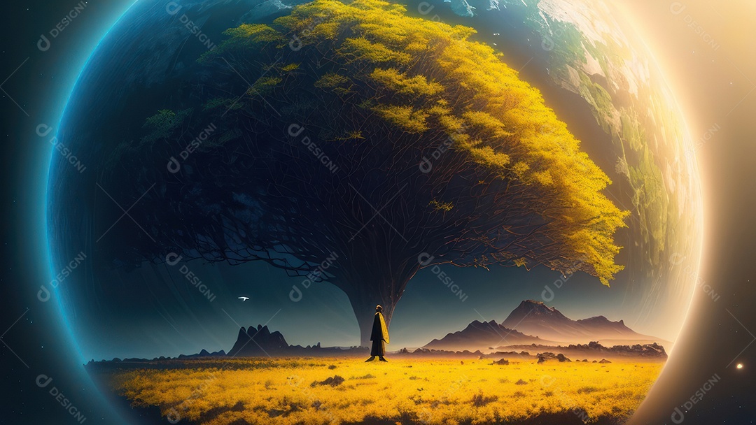 Imagem realista de pessoa caminhando sobre lindos lugares.