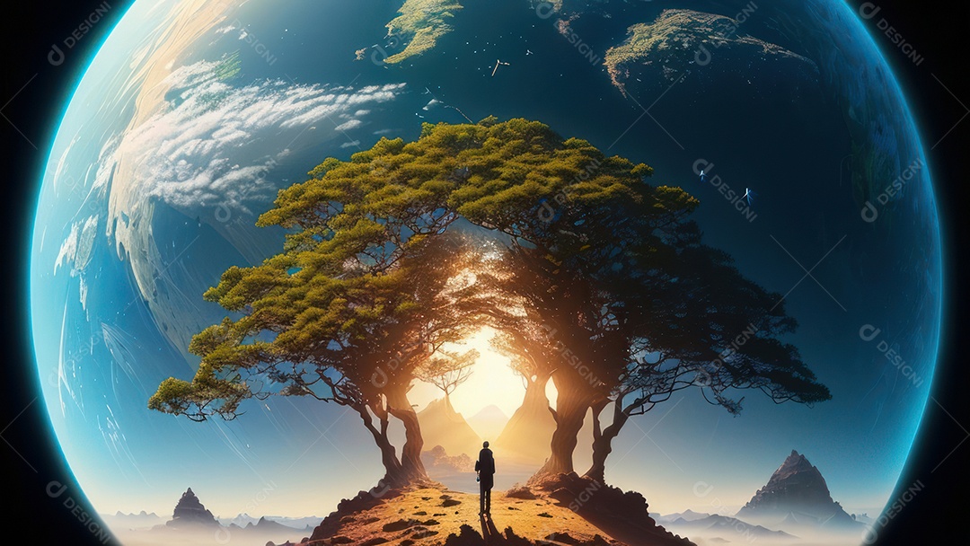 Imagem realista de pessoa caminhando sobre lindos lugares.