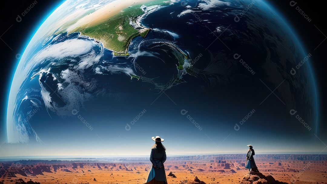 Imagem realista de pessoa caminhando sobre lindo lugar.