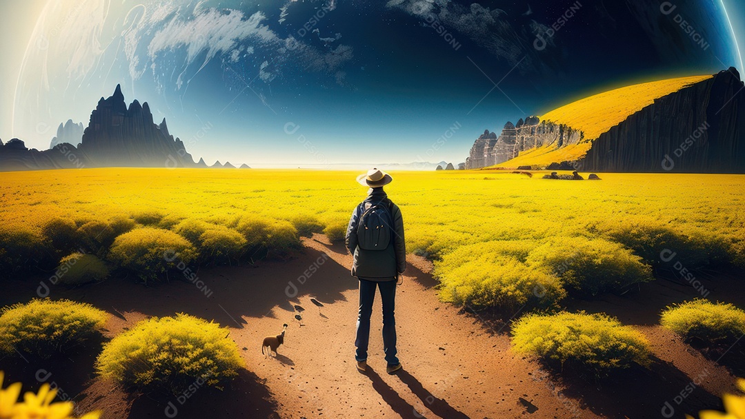 Imagem realista de pessoa caminhando sobre lindo lugar.