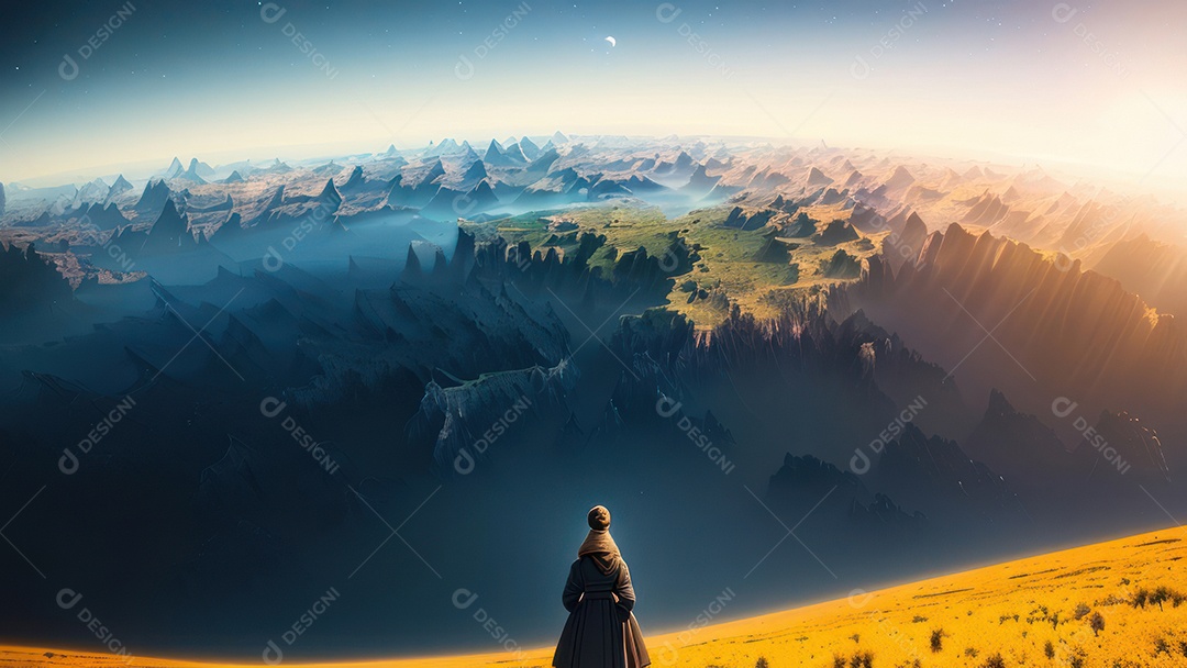 Imagem realista de pessoa caminhando sobre lindo lugar.