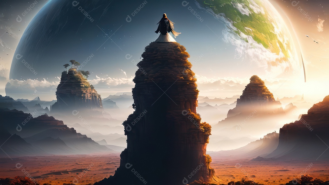 Imagem realista de pessoa caminhando sobre lindos lugares.