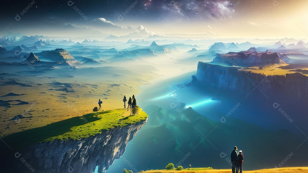 Imagem realista de pessoa caminhando sobre lindos lugares.