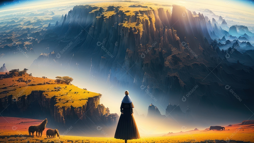 Imagem realista de pessoa caminhando sobre lindos lugares.