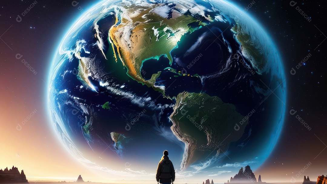 Imagem realista de pessoa caminhando sobre lindos lugares.