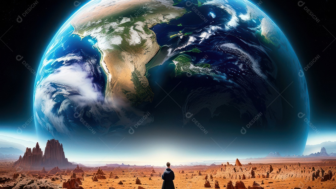 Imagem realista de pessoa caminhando sobre lindos lugares.