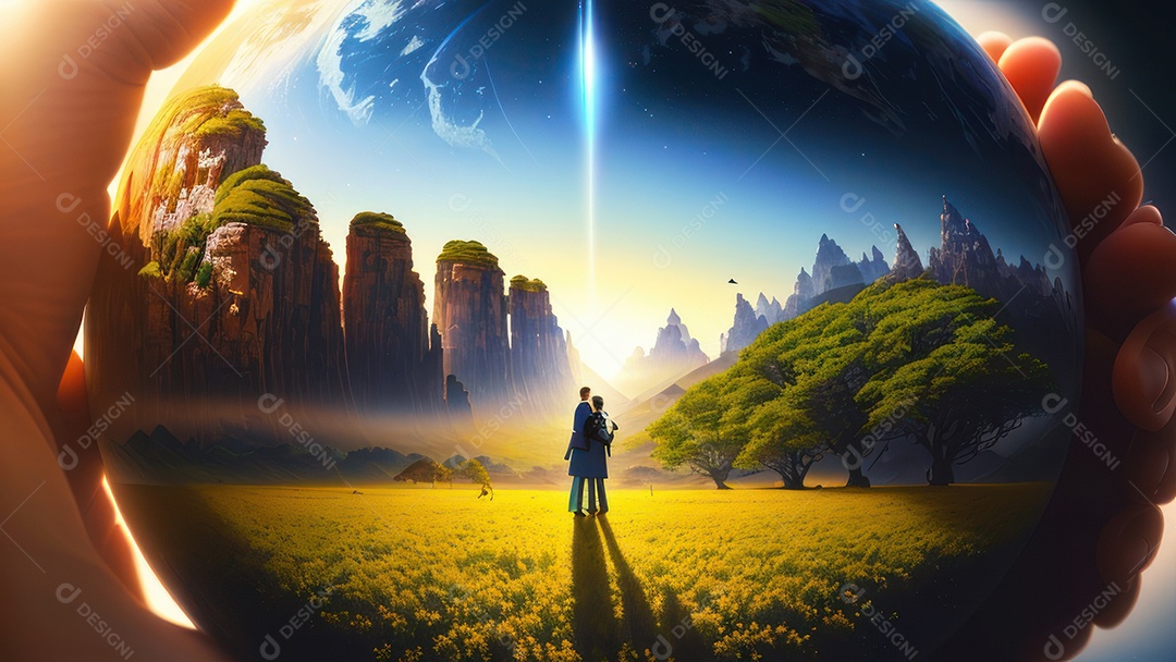 Imagem realista de pessoa caminhando sobre lindos lugares.