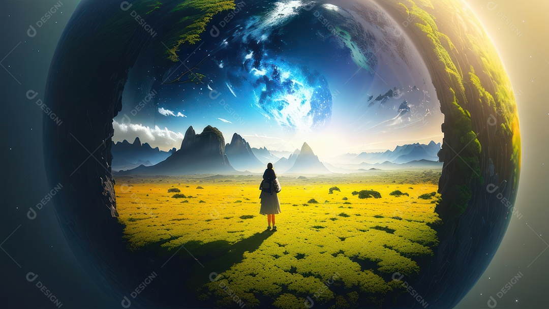 Imagem realista de pessoa caminhando sobre lindos lugares.