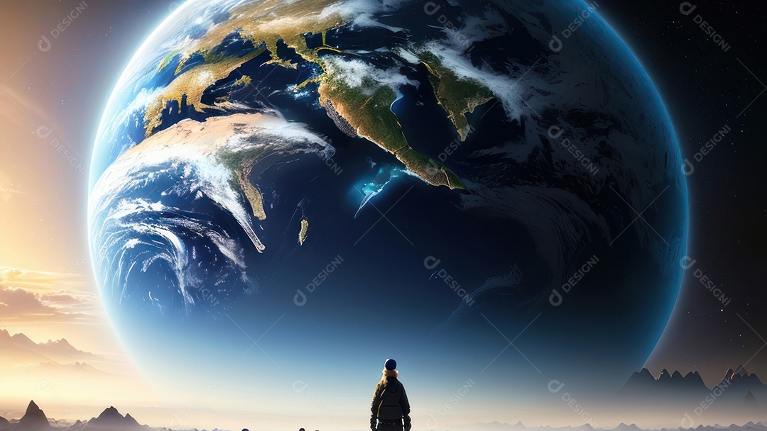 Imagem realista de pessoa caminhando sobre lindos lugares.