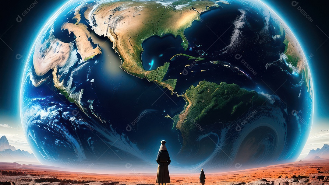 Imagem realista de pessoa caminhando sobre lindos lugares.