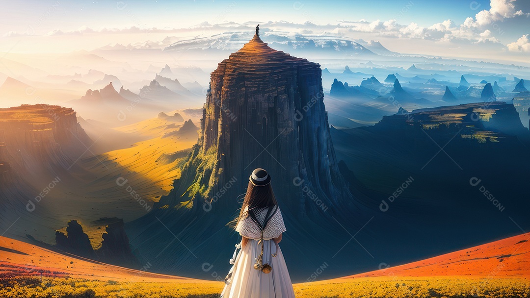 Imagem realista de pessoa caminhando sobre lindos lugares.