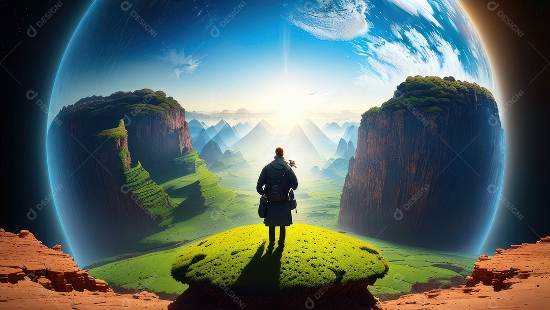 Imagem realista de pessoa caminhando sobre lindos lugares.