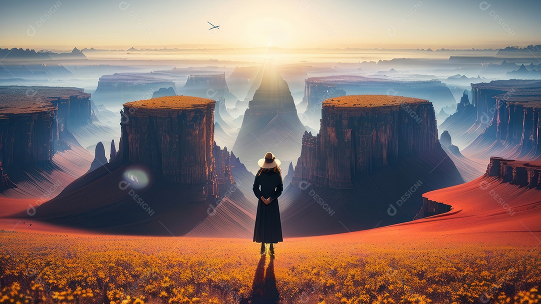 Imagem realista de pessoa caminhando sobre lindos lugares.