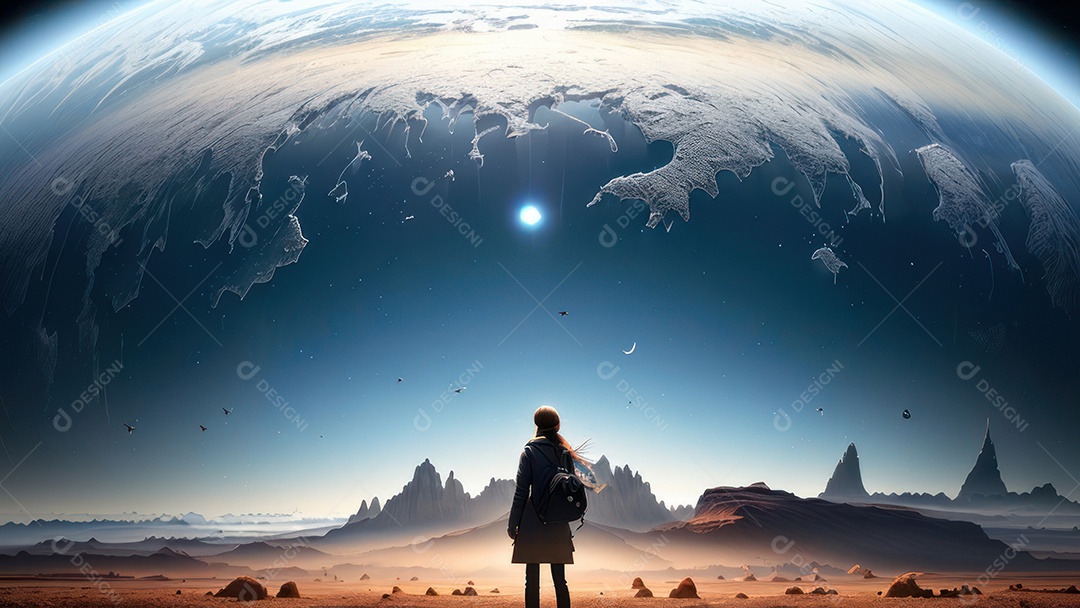 Imagem realista de pessoa caminhando sobre lindos lugares.