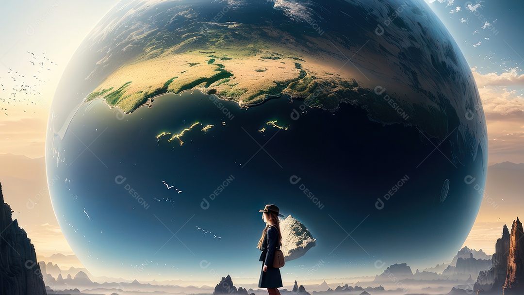 Imagem realista de pessoa caminhando sobre lindos lugares.