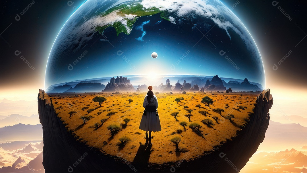 Imagem realista de pessoa caminhando sobre lindos lugares.