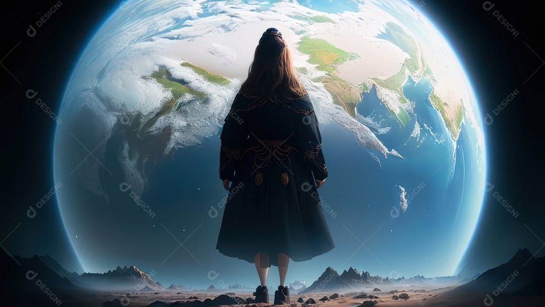 Imagem realista de pessoa caminhando sobre lindos lugares.